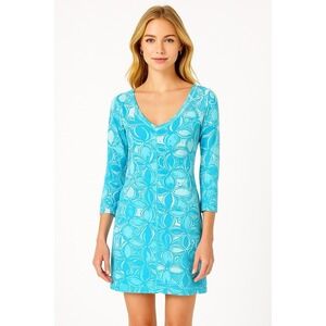 Lilly Pulitzer XS Dress Blue Print 3/4 Sleeve 100% Pima Cotton V-Neck Casual